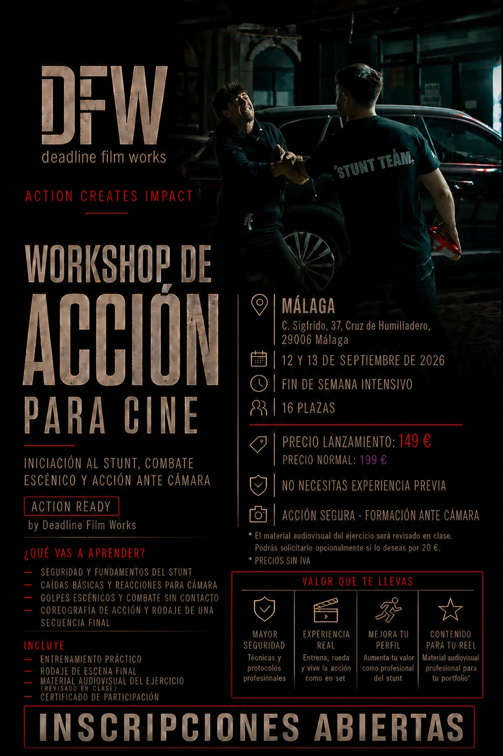 Flyer del Workshop de Acción para Cine en Málaga, 12 y 13 de septiembre de 2026